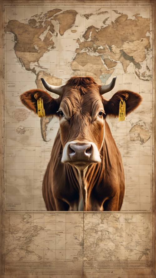 Ein interessantes Bild einer braunen Kuh mit einer Weltkarte, die aus ihren Markierungen besteht