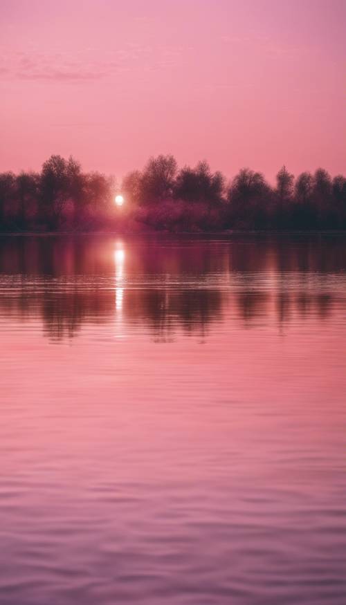 Ein wunderschöner rosa Sonnenaufgang, der sich in einem ruhigen silbernen See spiegelt.