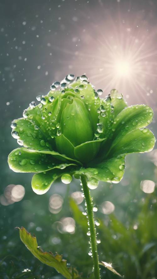 A single, vibrant green flower covered in morning dew. Tapet [8ddae7b2dcad4835ac5b]