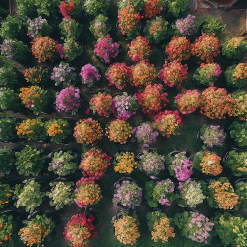 An overhead view of a colorful Italian floral garden forming stripes.