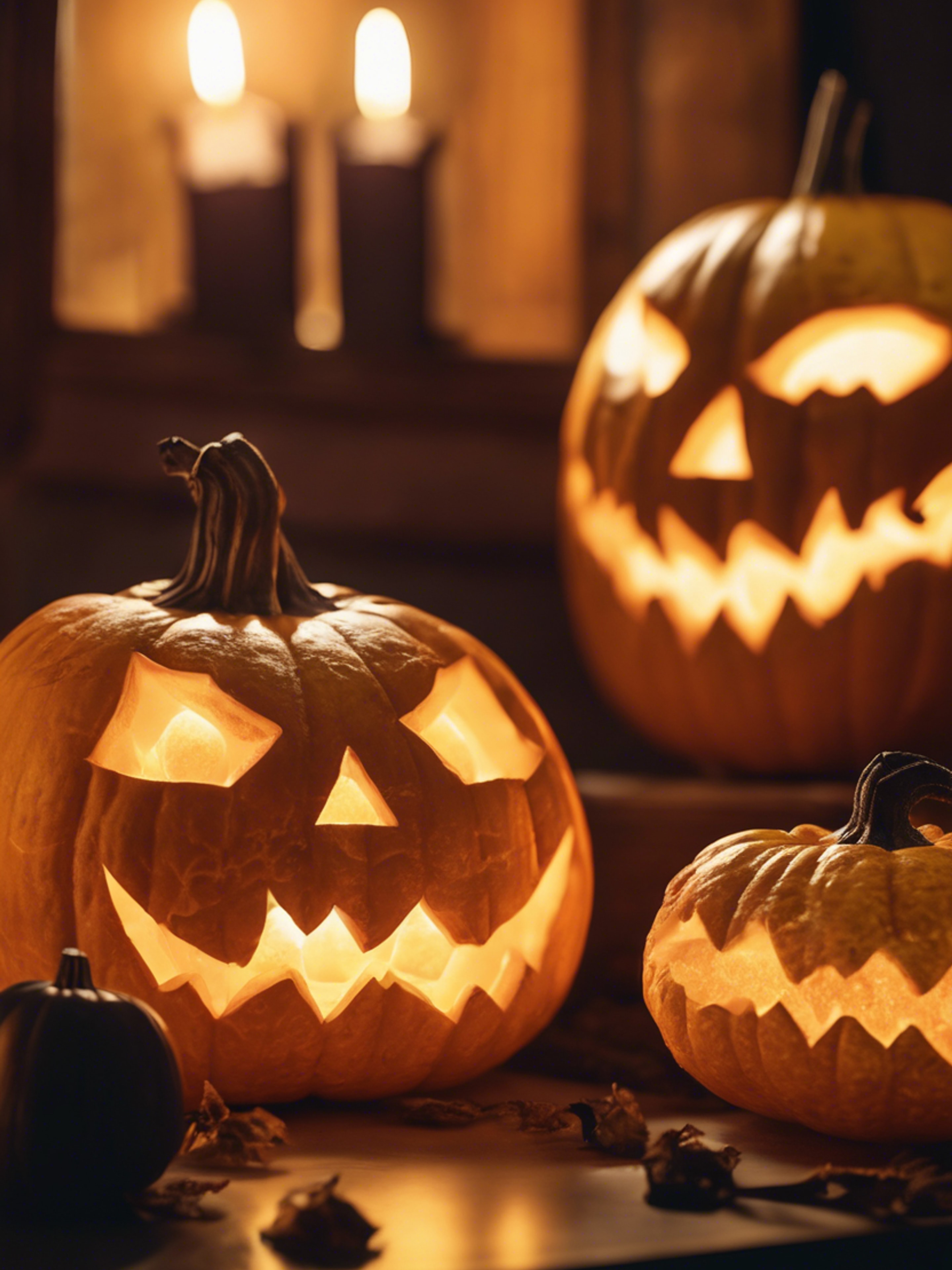 Halloween-themed still life of carved pumpkins glowing with an eerie, yellow-orange light. Wallpaper[d764d53000c248388b2a]