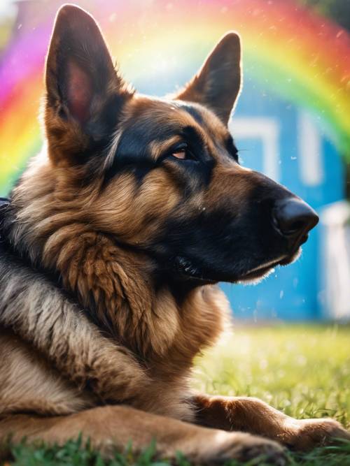 A German shepherd sleeping under a vibrant rainbow after a summer rain in a suburban backyard.