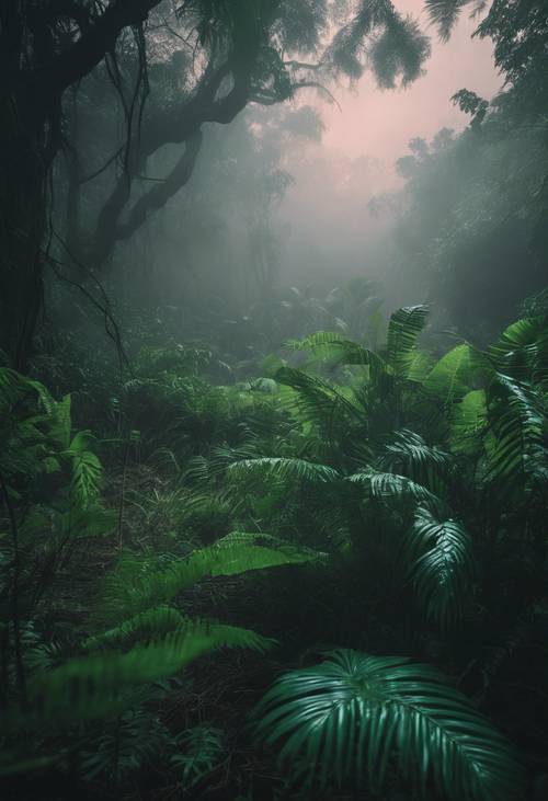 An eerie scene of a dark and foggy green jungle at dusk.