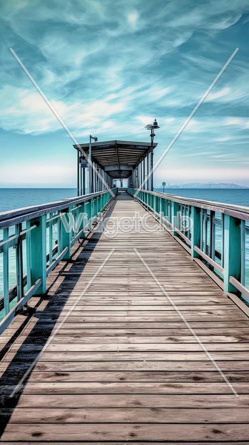 Sonniger Pier mit blauem Meerblick im Hintergrund