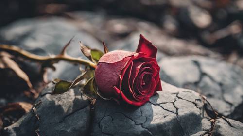 Uma única rosa murcha sobre uma pedra rachada em formato de coração.