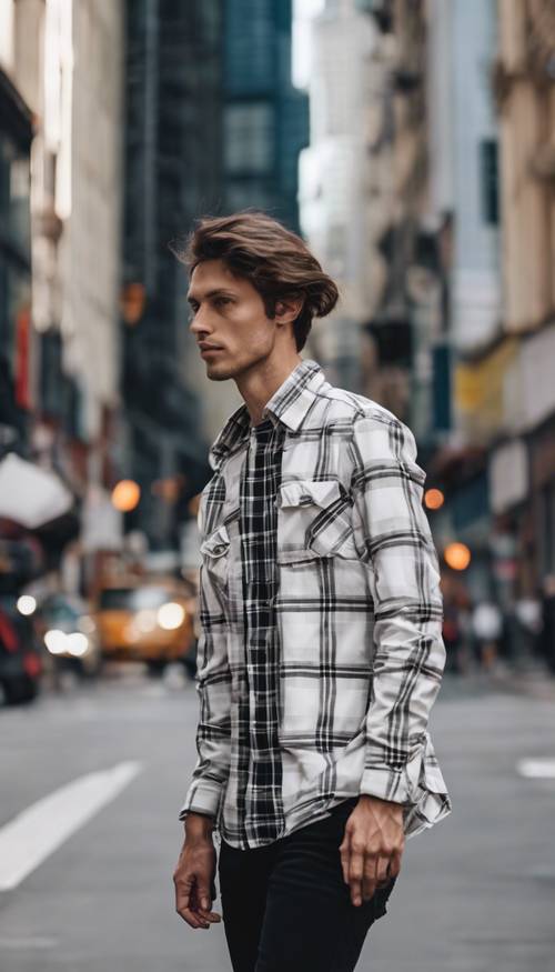 Un hipster de moda con una camisa a cuadros blanca y jeans ajustados negros, caminando por una bulliciosa calle de la ciudad.