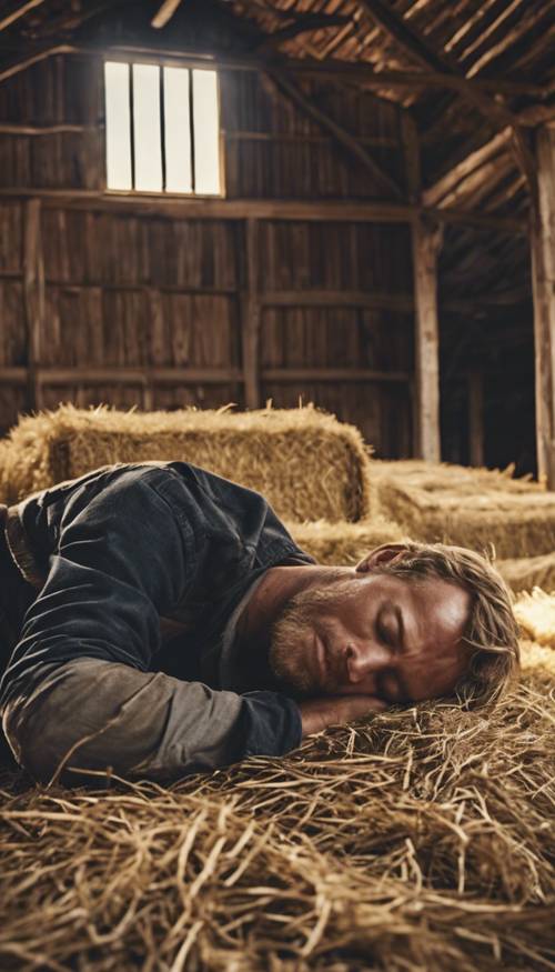 A sleepy country boy lying on a hay bale in a rustic barn. Tapet [b86e48320a6c4e80b4d7]