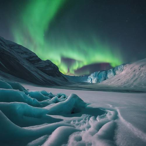 The Northern Lights bending and swirling in the sky over an ancient snow-carved glacier