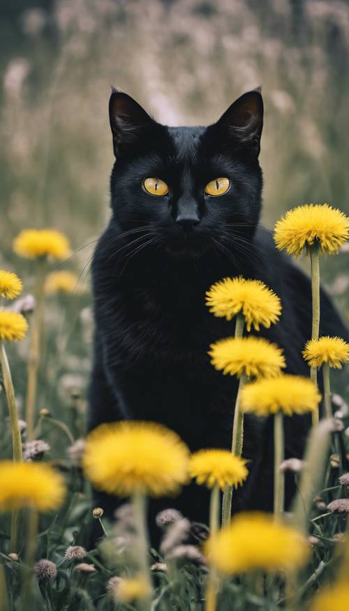 Um gato preto com olhos amarelos sentado em um campo de dentes de leão.