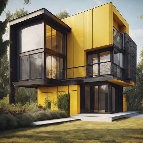 这是由现代建筑师设计的房屋的 3D 渲染图像，具有醒目的黄色特征。