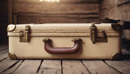 Uma mala vintage elegante em uma rica cor creme com detalhes em latão, sozinha em um sótão empoeirado.