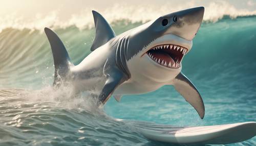 一只戴着太阳镜、在海浪中冲浪的鲨鱼的友好卡通形象。