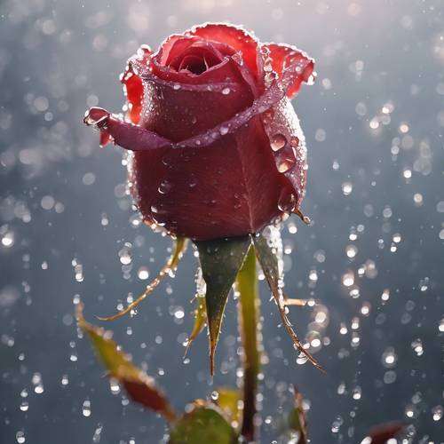 Un primer plano de un capullo de rosa húmedo, con gotas de agua que reflejan los rayos de la mañana.