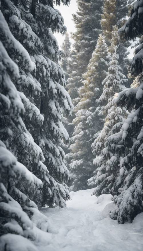 Kiefern, schwer beladen mit frischem, weißem Schnee in einem kühlen Wald.