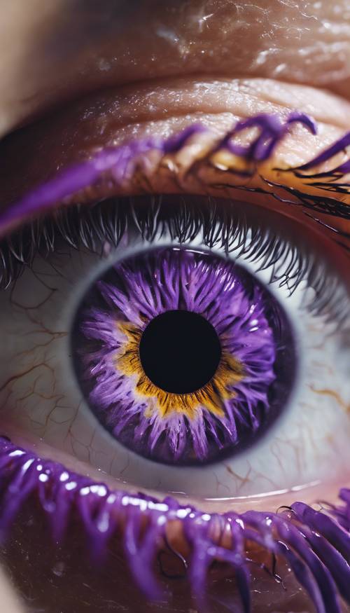 Gambar close-up mendetail dari mata manusia yang menampilkan iris ungu ajaib.