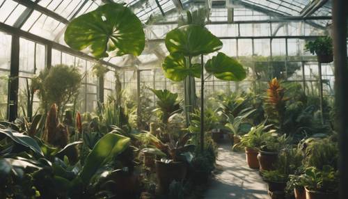 צמחים אקזוטיים נדירים הפורחים בגן בוטני מקורה מוקפד, שטופים באור חממה מנומר