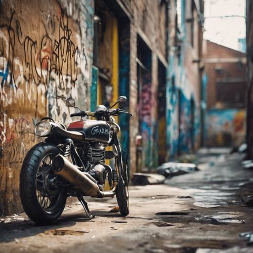 Vista de um beco sujo com graffiti e uma única moto vintage estacionada.