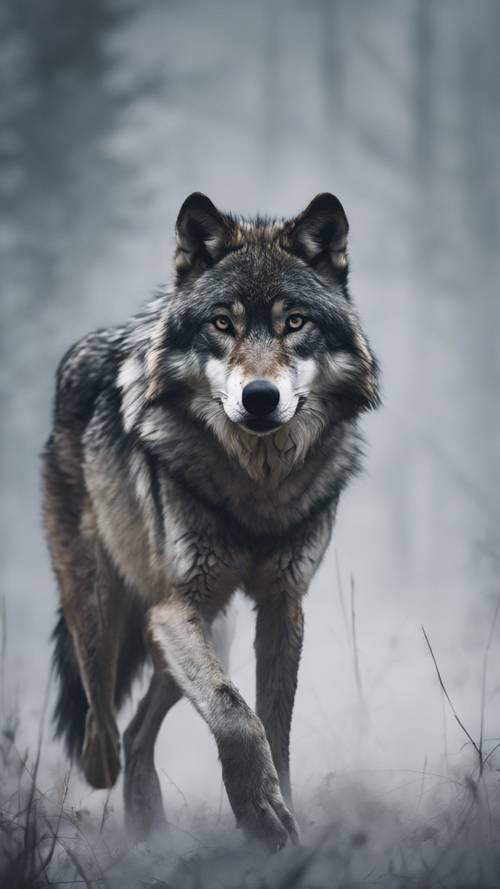 Дымчато-серый волк, выходящий из клубящегося туманного облака.
