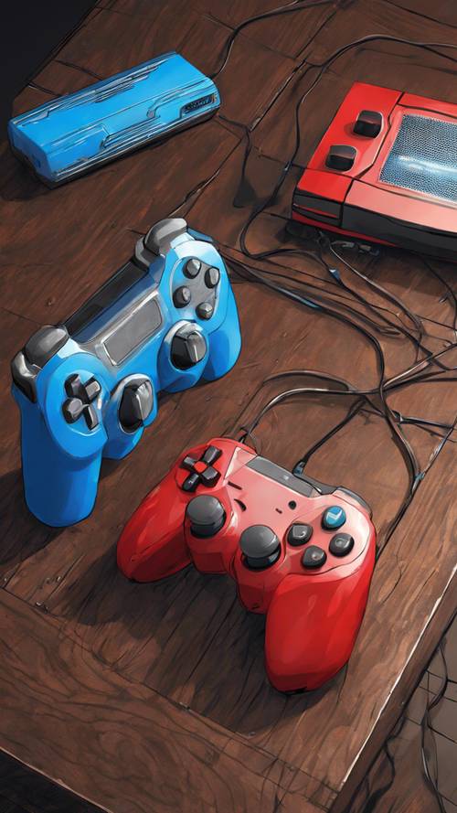 وحدة تحكم ألعاب باللونين الأحمر والأزرق اللامعين موضوعة على طاولة خشبية داكنة.