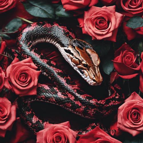 A viper coiled amidst red roses ready to strike in stunning contrast. Behang [0f6c05ccc69a4812bcd7]