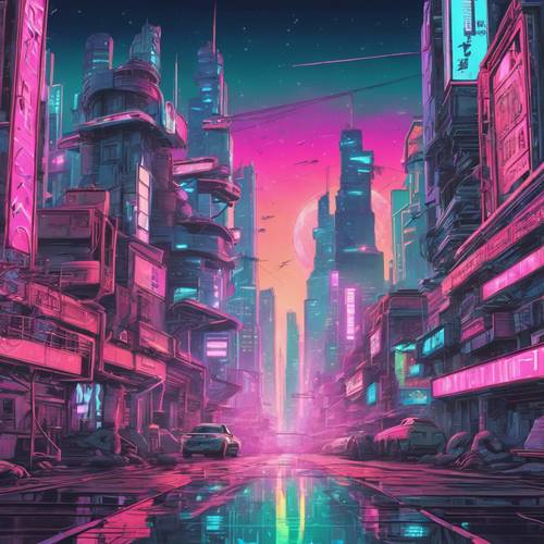 Una vista en colores pastel de una metrópolis de estilo cyberpunk bajo un cielo estrellado.