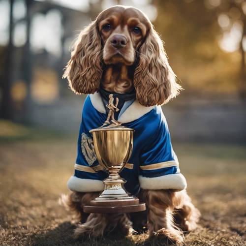 An elegant Cocker Spaniel wearing a blue letterman jacket with its paw on a victory trophy.