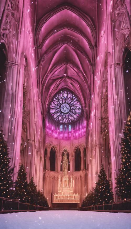 Una grandiosa cattedrale illuminata maestosamente da riflettori rosa in una sera di Natale innevata. Sfondo [979359b6ad904a99bda7]