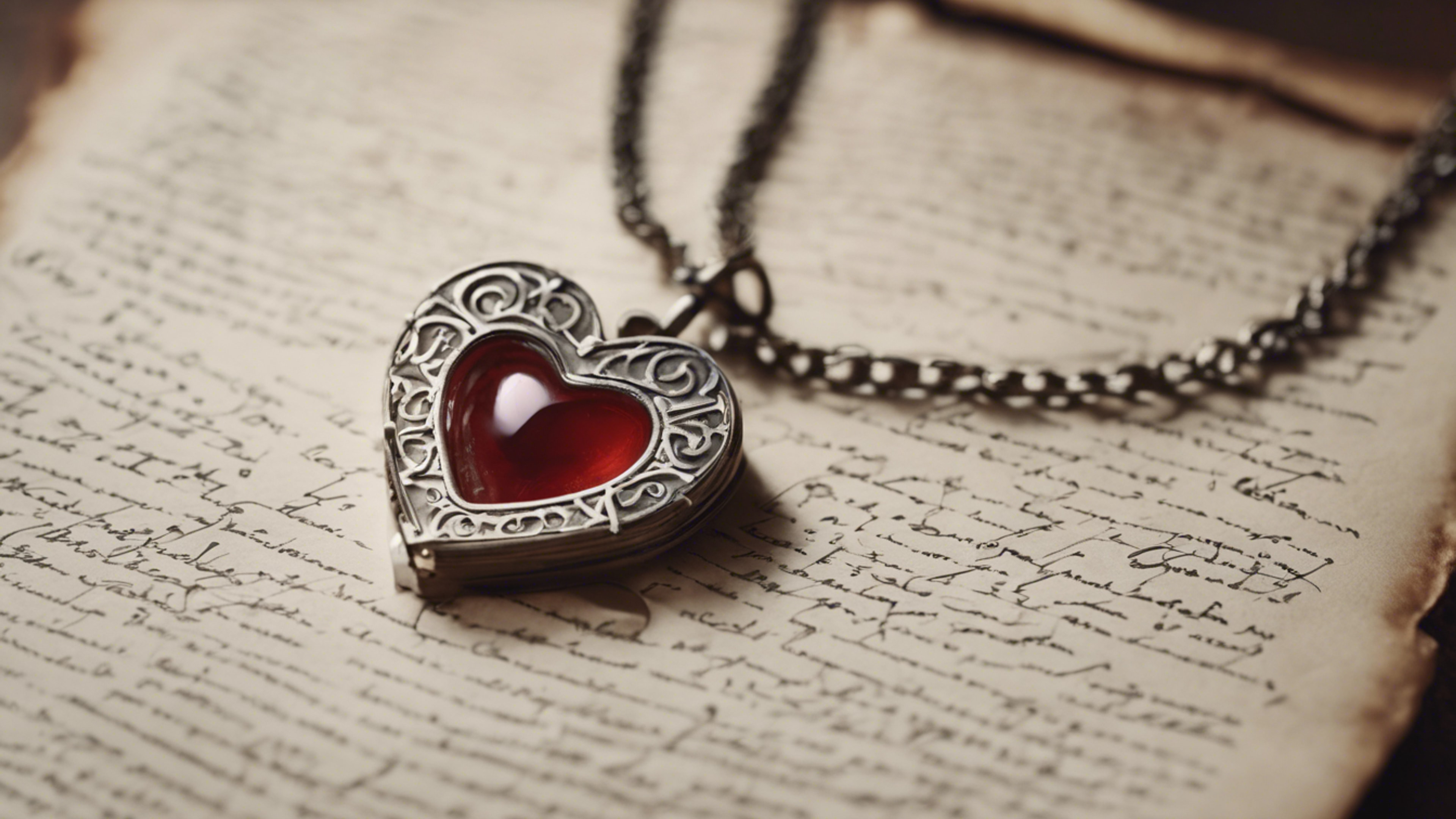 A well-crafted, preppy heart-shaped pendant with its chain tangled around a vintage letter.壁紙[342b03ac728540d3a68c]