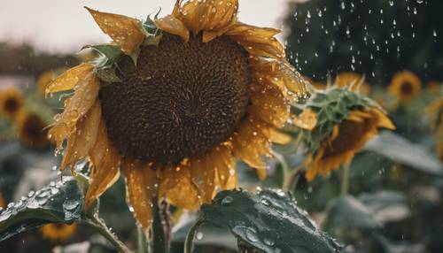 A wilting sunflower after a summer rainfall, with drops of water still clinging to the petals.