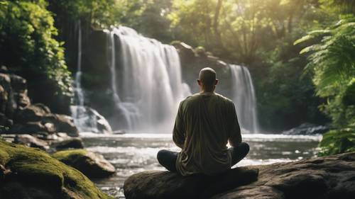 A calm man meditating peacefully on a warm rock by a rushing waterfall in a lush, green forest.