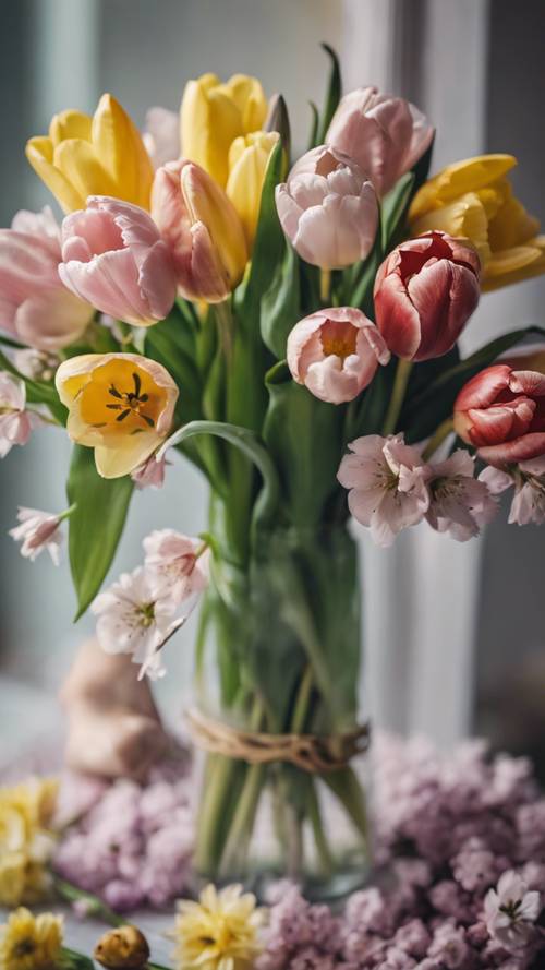 Красиво оформленный весенний букет из тюльпанов, нарциссов и цветущей вишни.