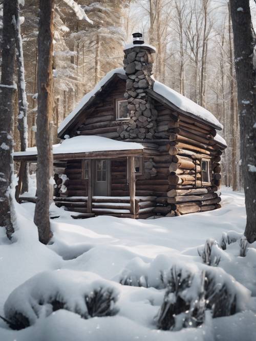 一间小小的乡村小屋坐落在厚厚的积雪冬季树林中。小屋上方，一句“善言善语可以温暖冬天的寒冷。”神秘地飘浮在寒冷的空气中。