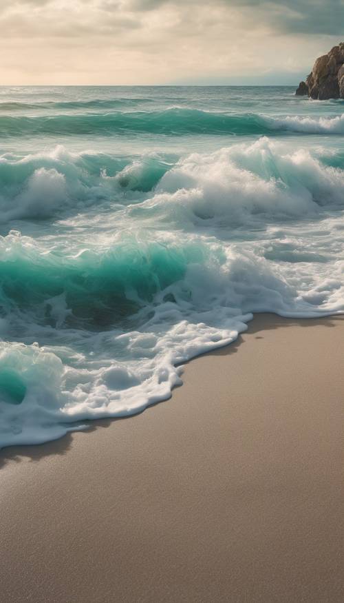 A serene beachscape with teal-colored waves rolling onto the shore Behang [9454d54cd43a4f408dcd]
