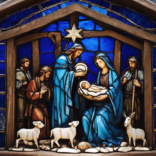 Humble nativity scene crafted in blue stained glass for Christmas