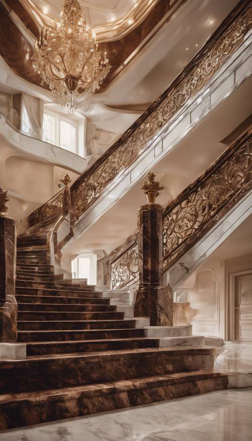 Escadaria de mármore marrom que leva para cima dentro de uma mansão opulenta.