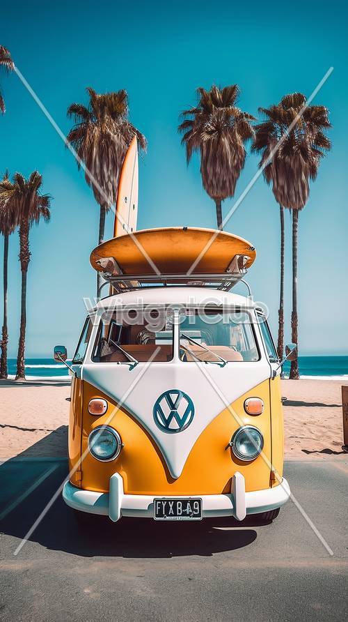 Beach Vibes with Retro Van and Surfboard