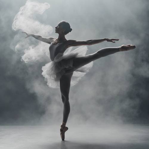 Ein abstraktes Bild einer Balletttänzerin, deren Bewegungen als fließender grauer Rauch interpretiert werden.
