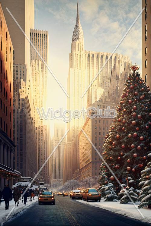 街中のクリスマス：雪景色と飾られた木の朝日シーン