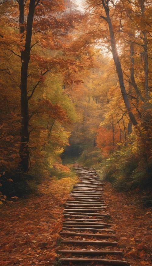 Una valle avvolta nei colori autunnali, un sentiero coperto di foglie cadute che conduce nella foresta.