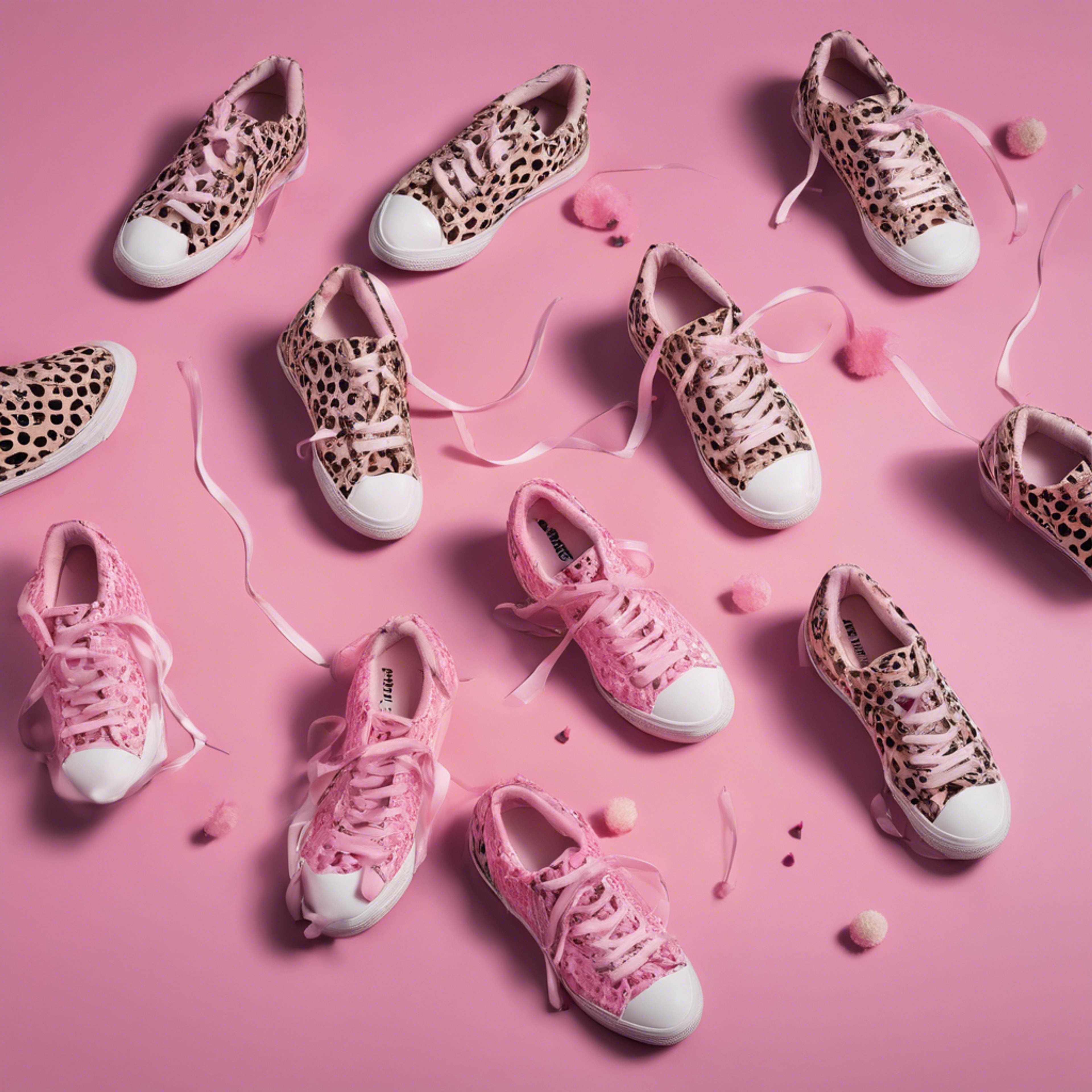An aerial view of a pair of tennis shoes with a girly pink cheetah pattern. Kertas dinding[69b37b649749417cbf35]
