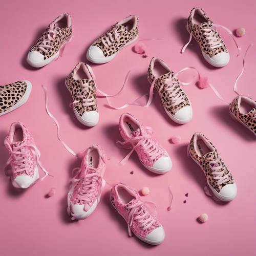 An aerial view of a pair of tennis shoes with a girly pink cheetah pattern.