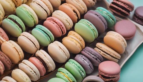 A set of freshly baked, colorful French macarons neatly arranged in a chic, pastel-colored pastry shop.