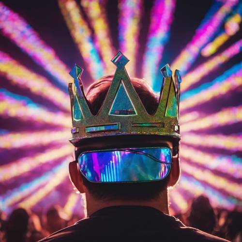 Uma coroa holográfica neon adornando a cabeça de um DJ em um festival de música vibrante.