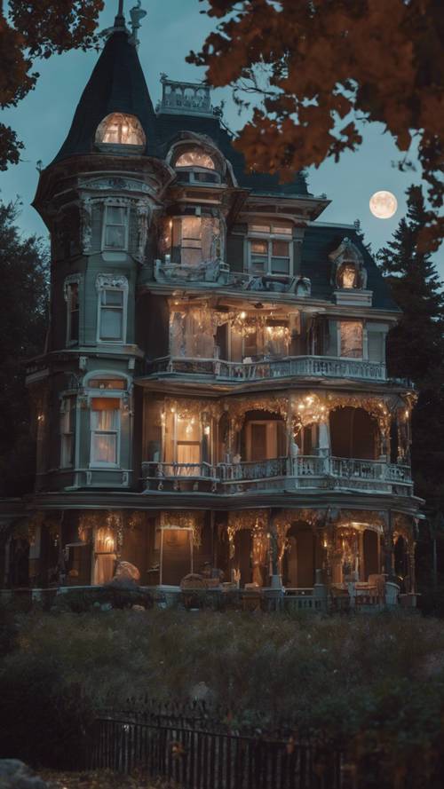 A quiet, old Victorian mansion tastefully decorated with whimsical and cute, not frightening, Halloween decorations under the full moon.