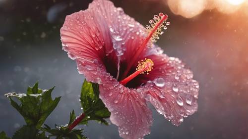 Uma vinheta polar de um hibisco beijado pelo orvalho florescendo ao amanhecer.