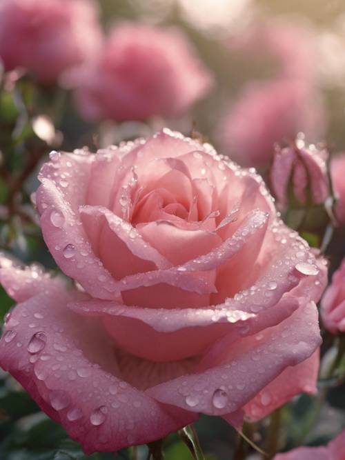 Bunga mawar merah muda sejuk yang mekar segar berciuman embun di pagi musim semi.