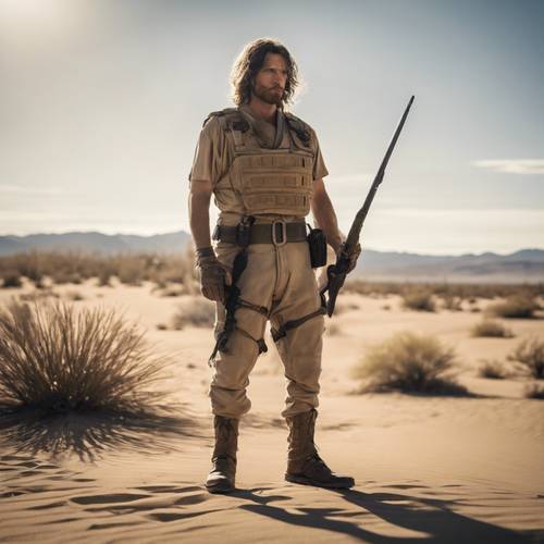 Duncan Idaho em posição de combate, sua faca cristalina brilhando fortemente contra o sol forte do deserto.