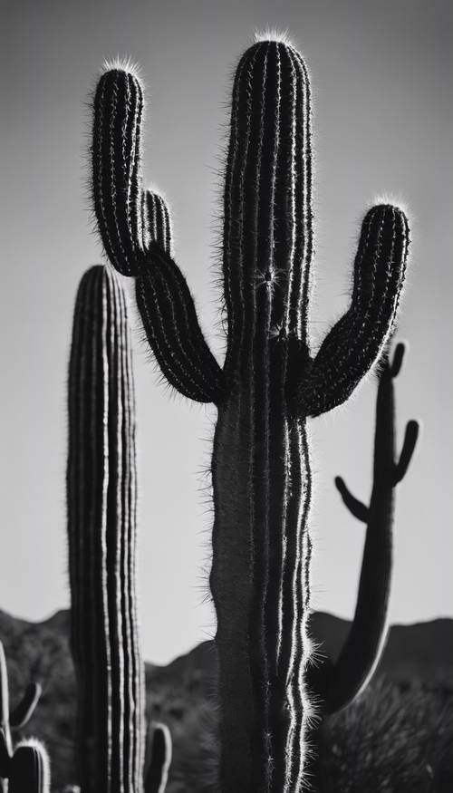 Artystyczne czarno-białe ujęcie kaktusa piszczałkowego w księżycową noc.