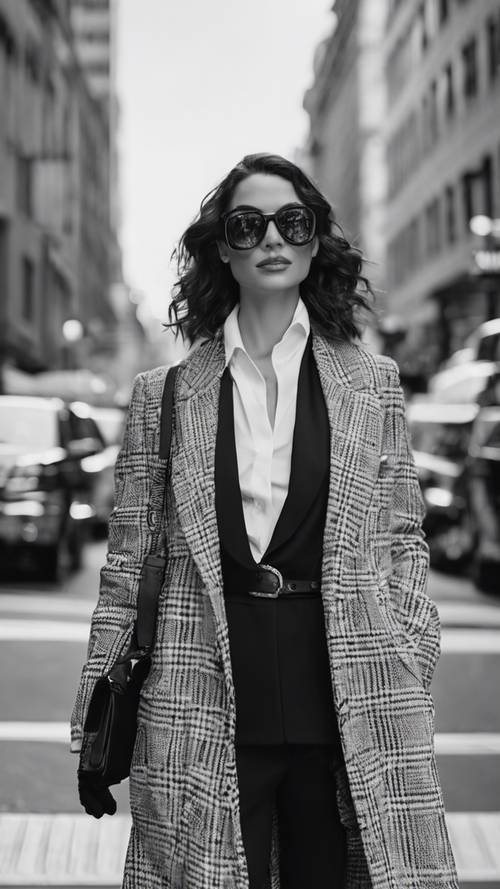 A chic black and white outfitted professional on a metropolitan street. Tapet [c642fd347e8b43d6a5c8]