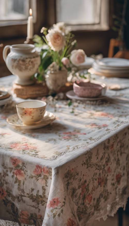 A handmade cottagecore style tablecloth with a delicate floral pattern spread out on an old wooden table.